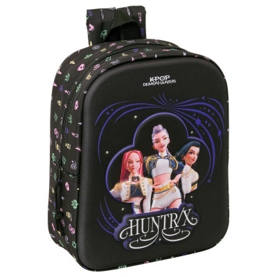 Mochila preta KPOP DEMON HUNTERS com estampa de personagens e texto HUNTR X