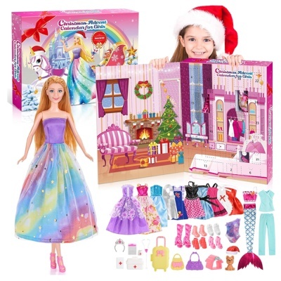 Calendário de advento para meninas com boneca e acessórios em cores vivas e caixa colorida