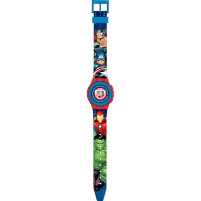 Relógio digital infantil com bracelete colorida e personagens de super-heróis