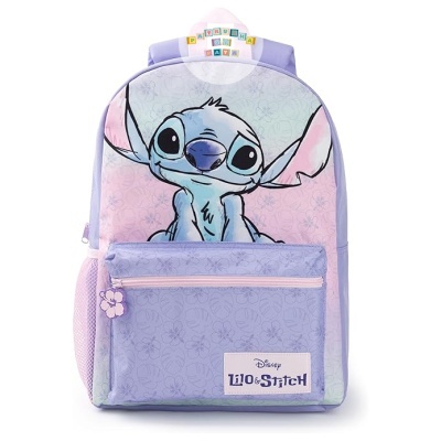 Mochila Disney Lilo & Stitch lilás com imagem do Stitch e bolso frontal