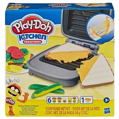 Brinquedo Play-Doh Kitchen Creations com grill cinza, fatias de pão e queijo amarelo em massa moldável.