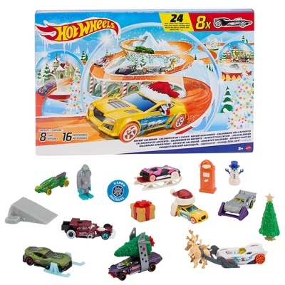 Calendário do advento Hot Wheels com carros e acessórios de Natal em fundo branco.
