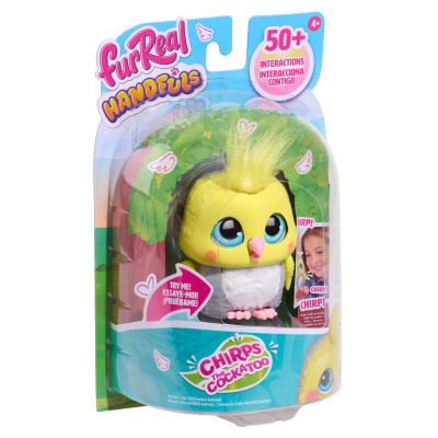 Brinquedo FurReal Handfuls pássaro amarelo e branco na embalagem