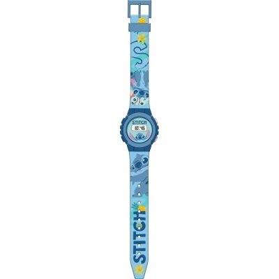 Relógio digital azul com personagens Stitch e bracelete decorada