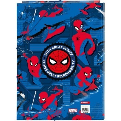 Capa azul com várias imagens do Homem-Aranha e frase 'WITH GREAT POWER COMES GREAT RESPONSIBILITY' ao centro
