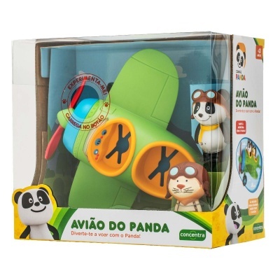 Brinquedo avião de plástico com figuras de panda e gato, embalagem colorida.