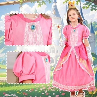 Vestido rosa de princesa para criança com renda branca e acessórios