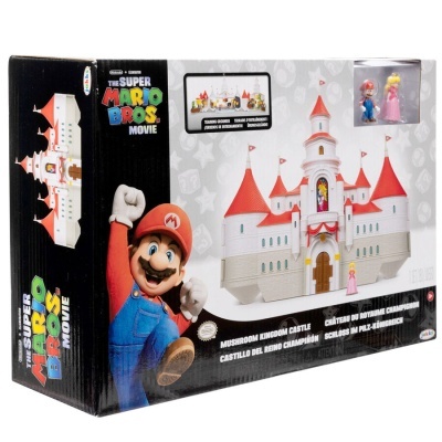 Caixa do castelo Mushroom Kingdom Castle do filme The Super Mario Bros. Movie com imagens do castelo e personagens.