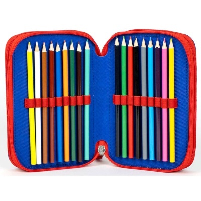 Estojo azul aberto com 18 lápis de cor variados organizados em faixas elásticas vermelhas.