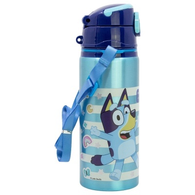 Garrafa de água azul com alça e personagem Bluey