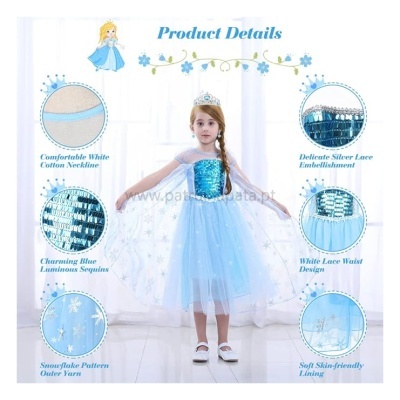Vestido azul com detalhes luminosos e coroa prateada para criança