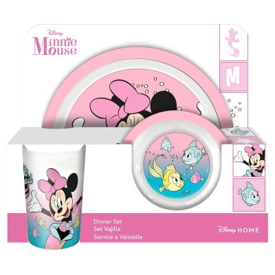 Conjunto de jantar infantil Disney Minnie Mouse com prato, tigela e copo em rosa, branco e azul.