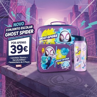 Conjunto escolar Ghost Spider com lancheira, sanduicheira e garrafa roxos decorados com personagem Ghost Spider