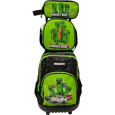 Mochila com três compartimentos verdes e pretos com estampas do Minecraft e personagens Creeper