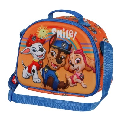Mala infantil Paw Patrol laranja e azul com personagens e palavra Smile