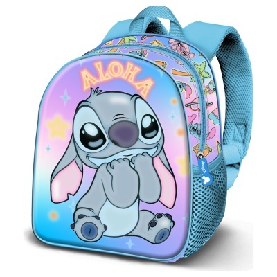 Mochila infantil azul e lilás com personagem Stitch e texto ALOHA