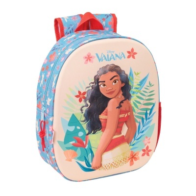Mochila infantil azul e creme com imagem da personagem Vaiana da Disney e motivos florais