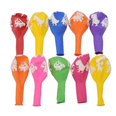 Balões coloridos de látex com desenhos de animais brancos