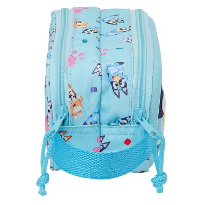 Estojo escolar azul claro com personagens animados e zíperes azuis