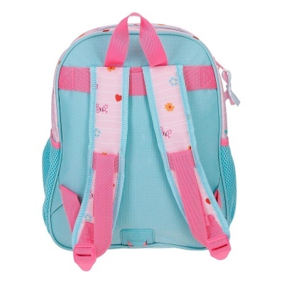 Mochila azul clara com alças cor-de-rosa decoradas vista de trás