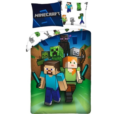 Roupas de cama de criança com design Minecraft e personagens pixelizados