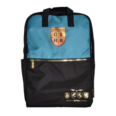 Mochila azul e preta com escudo Hogwarts e brasões Harry Potter