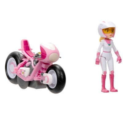 Brinquedo de motocicleta rosa com figura de piloto branca e rosa