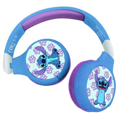Auriculares azuis com decoração do Stitch e flores lilases