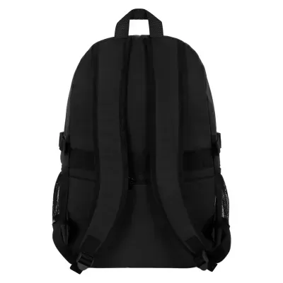 Mochila preta vista de trás com alças e pega superior.