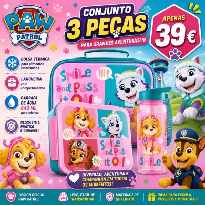 Conjunto Paw Patrol três peças para crianças com bolsa térmica, lancheira e garrafa de água colorida