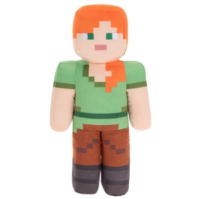 Boneco pixelizado de pelúcia de personagem com cabelo laranja e roupa verde, castanha e cinzenta