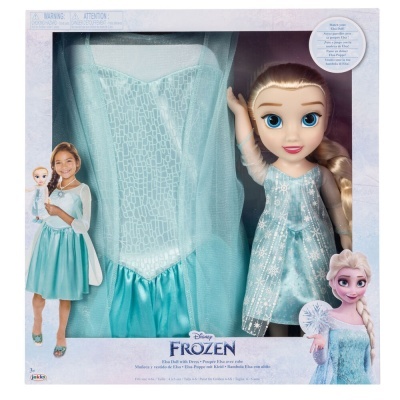 Boneca Disney Frozen com vestido azul e embalagem com imagens da personagem Elsa e texto
