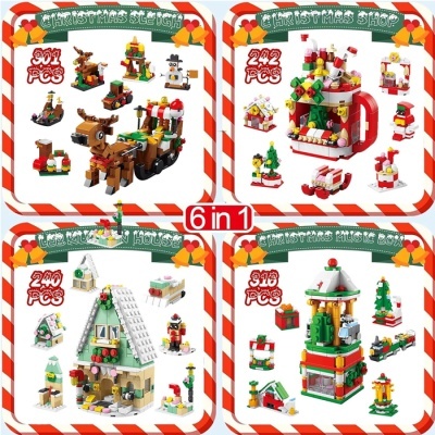 Conjuntos de construção LEGO temáticos de Natal com diferentes peças e modelos coloridos em quatro quadros, moldura vermelha e branca, textos indicando número de peças e tema.