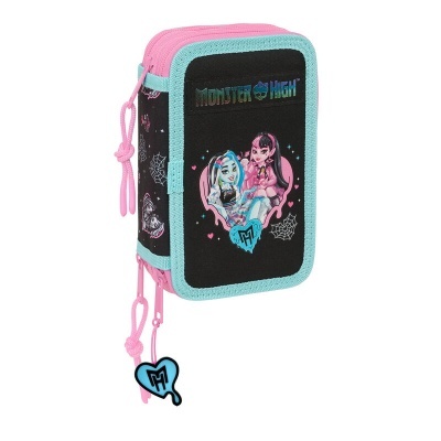 Estojo preto com bordas azuis e fechos rosa com desenho Monster High