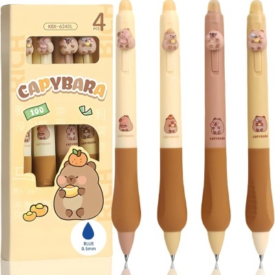 Quatro canetas Cadybara bege com detalhes de capivara em embalagem amarela