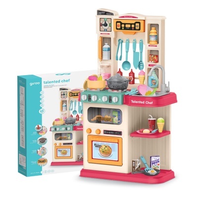 Conjunto de cozinha para brincar com forno, fogão, pia e utensílios coloridos e caixa azul ao fundo