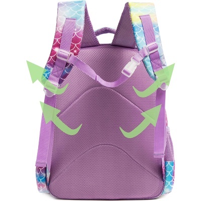 Mochila lilás com alças coloridas e ventilação traseira