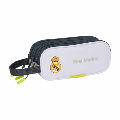 Estojo escolar branco e cinza com logo Real Madrid e zíperes amarelos