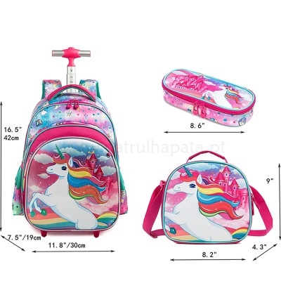 Conjunto escolar com mochila, lancheira e estojo com estampado de unicórnio colorido