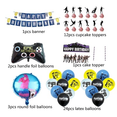 Conjunto de decoração de aniversário com balões, banner, toppers e topper de bolo