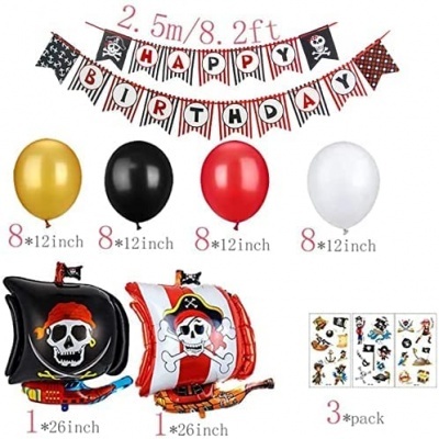 Conjunto de decoração de festa pirata com balões coloridos, bandeirolas 'HAPPY BIRTHDAY' e tatuagens temporárias.
