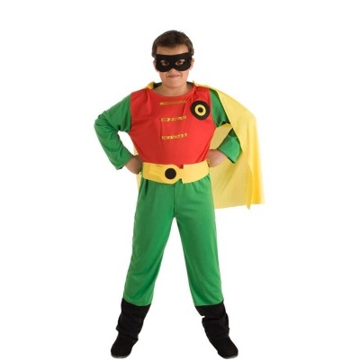 Fantasia de super-herói infantil colorida e com máscara preta.
