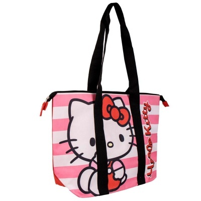 Mala Hello Kitty rosa e branca com alças pretas e estampa da personagem