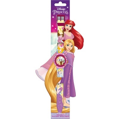 Relógio infantil Disney Princess com personagens Ariel e Rapunzel em bracelete roxo