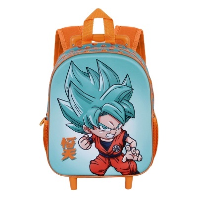 Mochila infantil laranja e azul com personagem anime e texto asiático