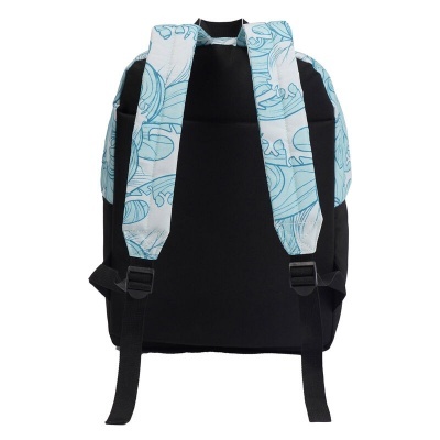 mochila preta com alças brancas e azul claro com padrão