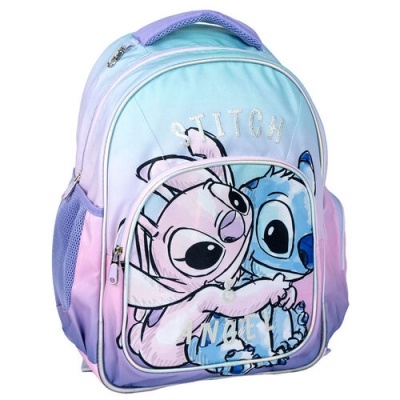 Mochila pastel azul, lilás e rosa com personagens Stitch e bolsos