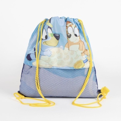Mochila de cordão azul clara com personagens de desenho animado e rede azul escuro
