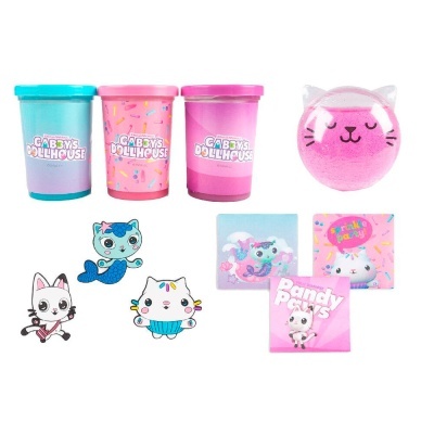 Conjunto de copos coloridos com autocolantes e caixa em forma de gato rosa