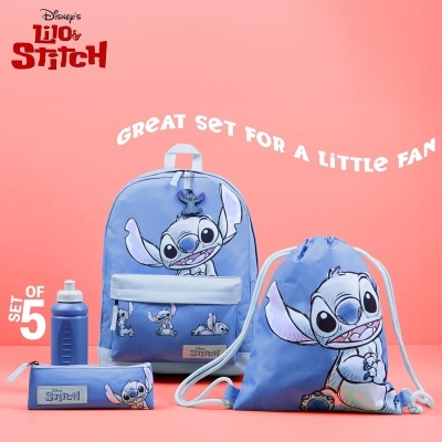 Conjunto azul com mochila, saco de cordão, estojo, garrafa e lancheira com personagens Stitch da Disney